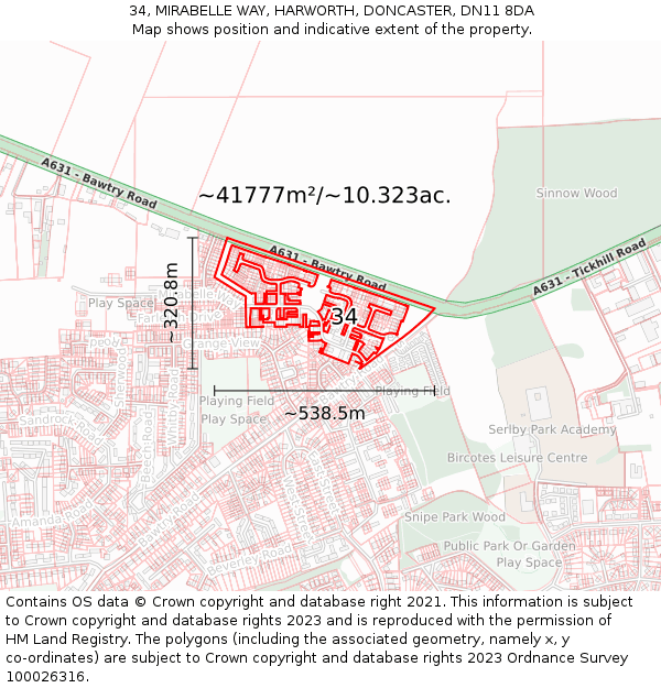 34, MIRABELLE WAY, HARWORTH, DONCASTER, DN11 8DA: Plot and title map