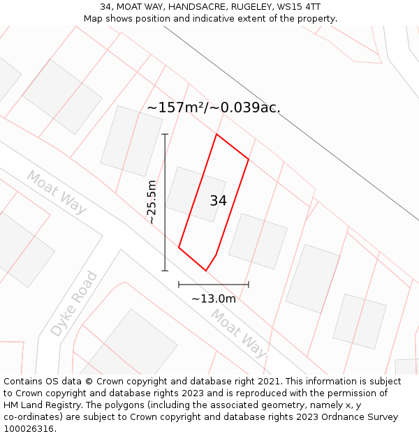 34, MOAT WAY, HANDSACRE, RUGELEY, WS15 4TT: Plot and title map
