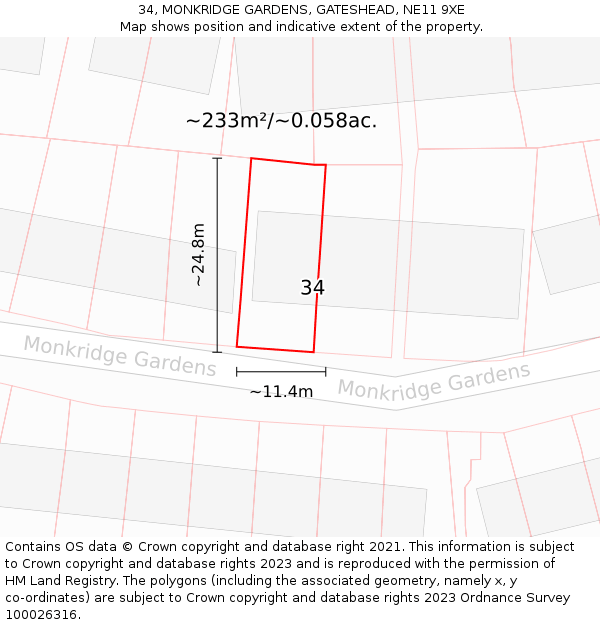34, MONKRIDGE GARDENS, GATESHEAD, NE11 9XE: Plot and title map