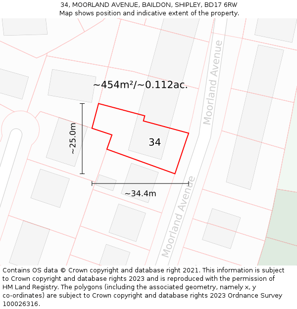 34, MOORLAND AVENUE, BAILDON, SHIPLEY, BD17 6RW: Plot and title map