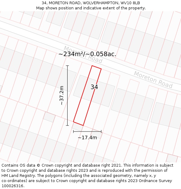 34, MORETON ROAD, WOLVERHAMPTON, WV10 8LB: Plot and title map