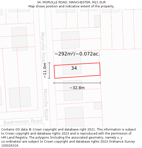 34, MORVILLE ROAD, MANCHESTER, M21 0UR: Plot and title map
