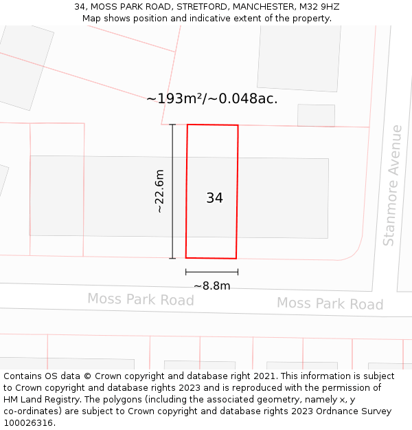 34, MOSS PARK ROAD, STRETFORD, MANCHESTER, M32 9HZ: Plot and title map