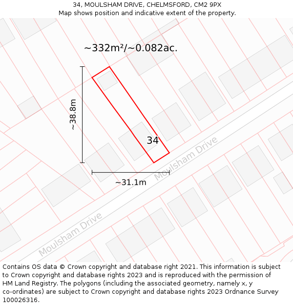 34, MOULSHAM DRIVE, CHELMSFORD, CM2 9PX: Plot and title map