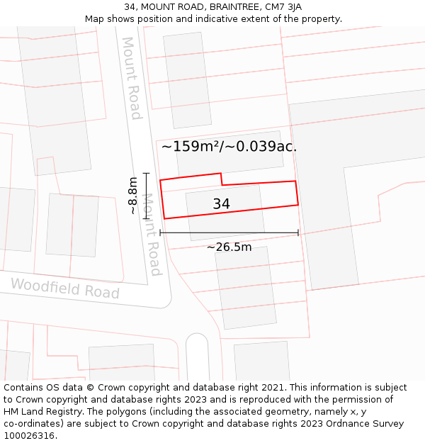 34, MOUNT ROAD, BRAINTREE, CM7 3JA: Plot and title map