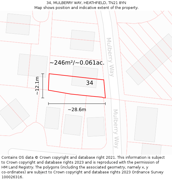 34, MULBERRY WAY, HEATHFIELD, TN21 8YN: Plot and title map