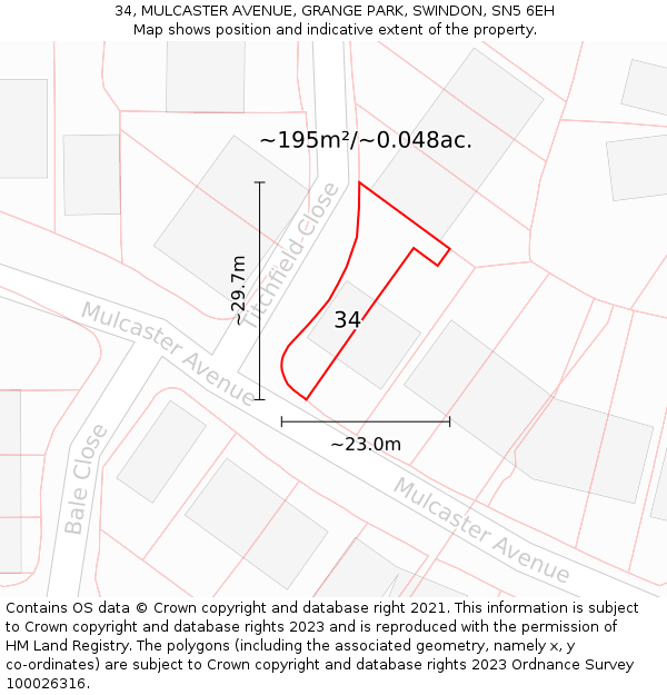 34, MULCASTER AVENUE, GRANGE PARK, SWINDON, SN5 6EH: Plot and title map