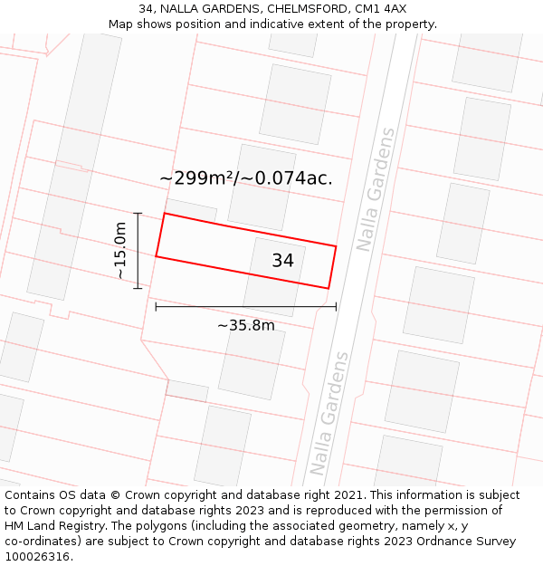 34, NALLA GARDENS, CHELMSFORD, CM1 4AX: Plot and title map