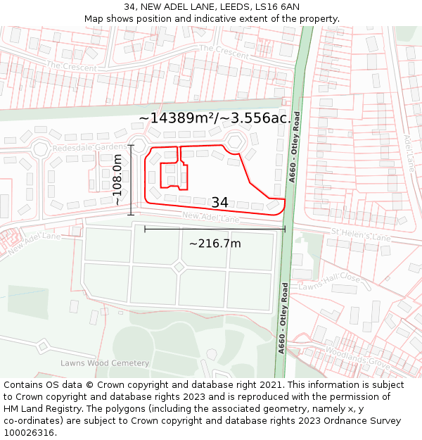 34, NEW ADEL LANE, LEEDS, LS16 6AN: Plot and title map