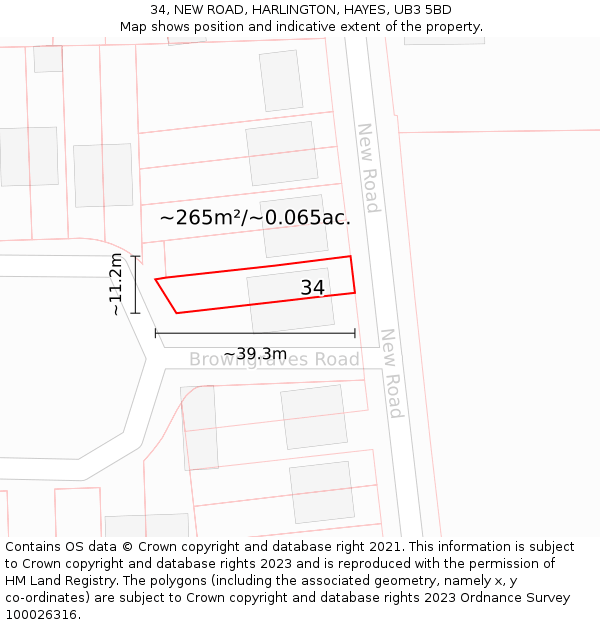 34, NEW ROAD, HARLINGTON, HAYES, UB3 5BD: Plot and title map