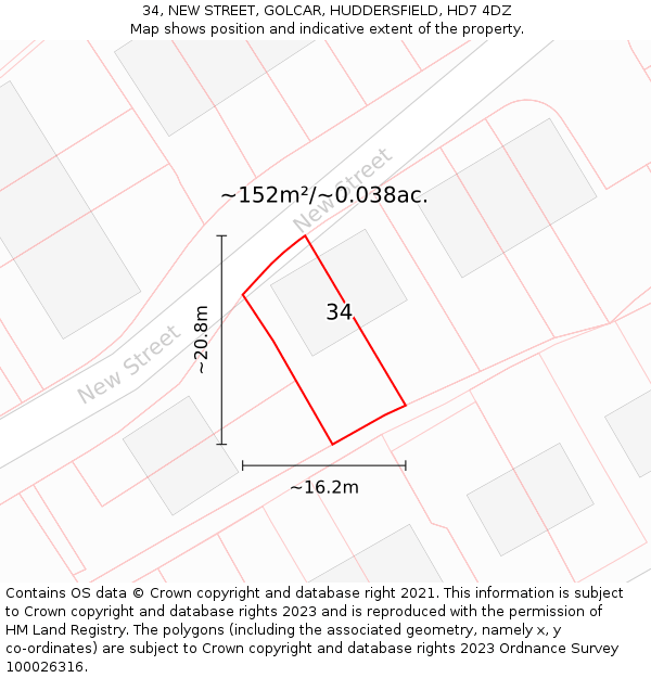 34, NEW STREET, GOLCAR, HUDDERSFIELD, HD7 4DZ: Plot and title map
