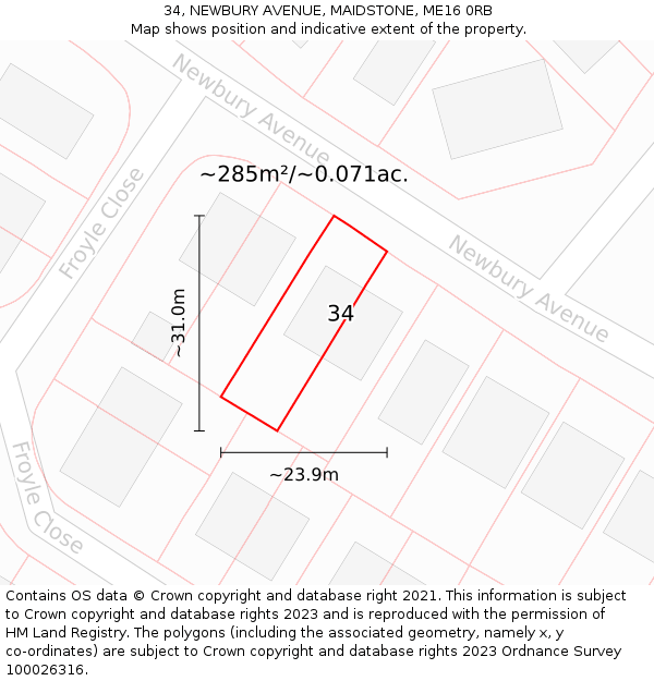 34, NEWBURY AVENUE, MAIDSTONE, ME16 0RB: Plot and title map