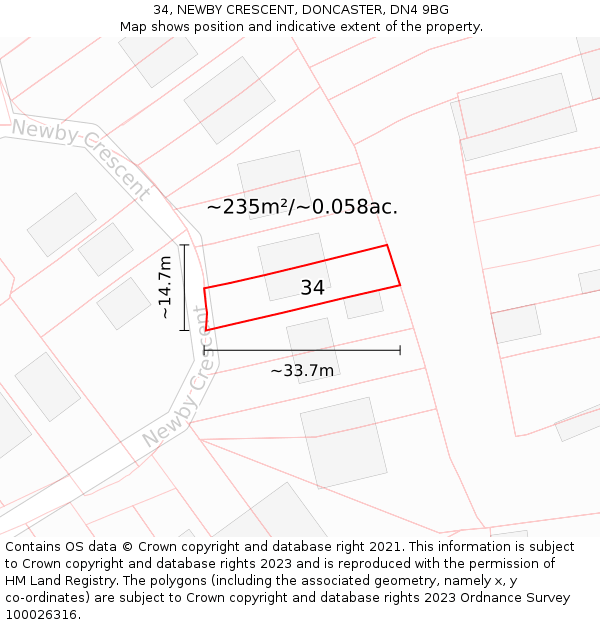 34, NEWBY CRESCENT, DONCASTER, DN4 9BG: Plot and title map