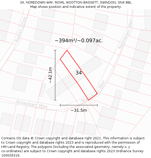 34, NOREDOWN WAY, ROYAL WOOTTON BASSETT, SWINDON, SN4 8BL: Plot and title map