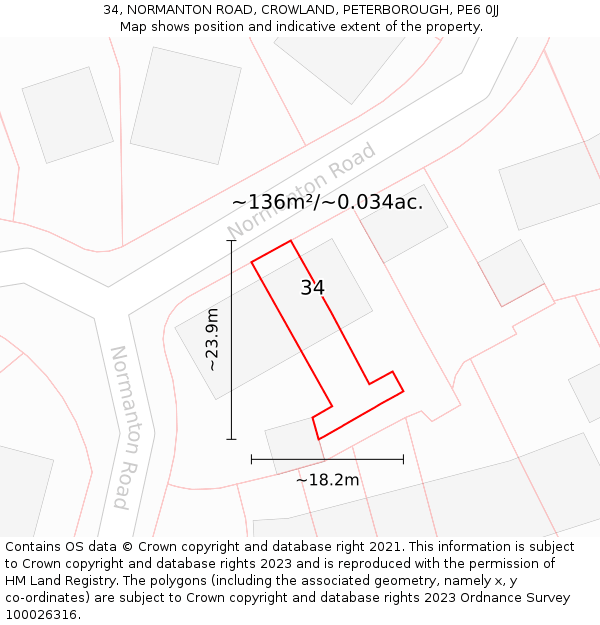 34, NORMANTON ROAD, CROWLAND, PETERBOROUGH, PE6 0JJ: Plot and title map