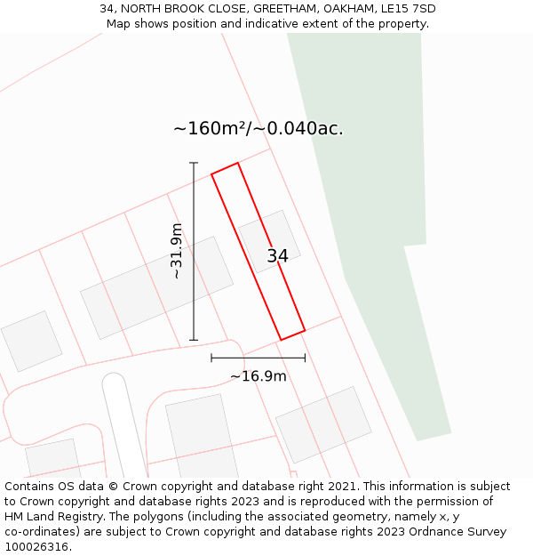 34, NORTH BROOK CLOSE, GREETHAM, OAKHAM, LE15 7SD: Plot and title map