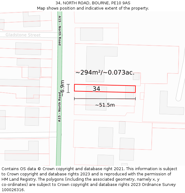 34, NORTH ROAD, BOURNE, PE10 9AS: Plot and title map