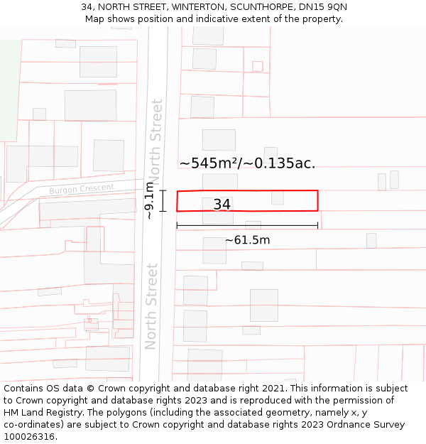 34, NORTH STREET, WINTERTON, SCUNTHORPE, DN15 9QN: Plot and title map