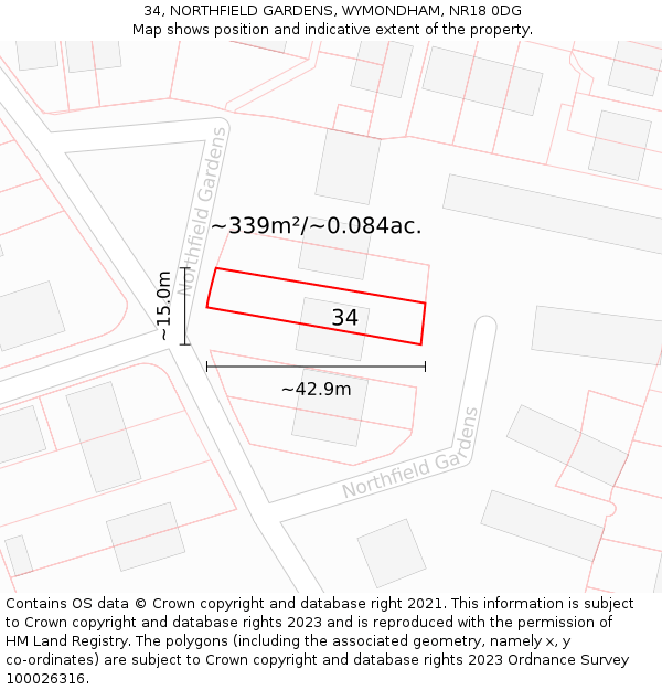 34, NORTHFIELD GARDENS, WYMONDHAM, NR18 0DG: Plot and title map