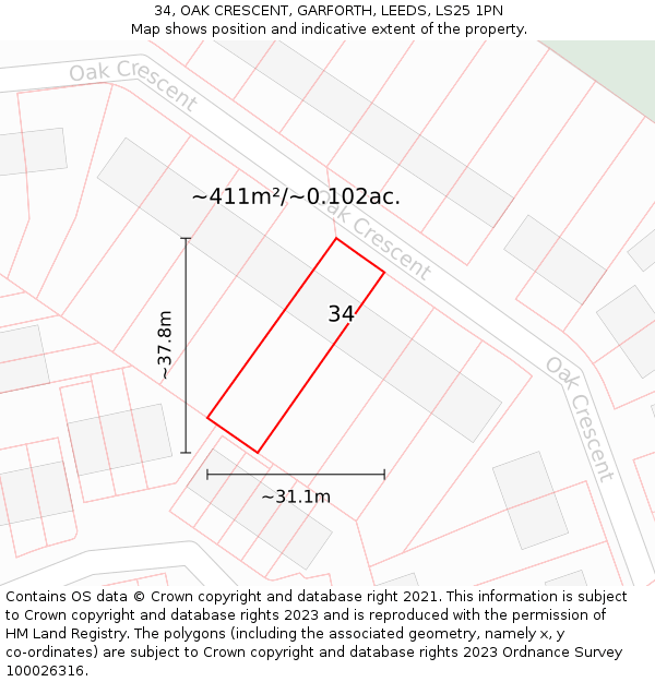 34, OAK CRESCENT, GARFORTH, LEEDS, LS25 1PN: Plot and title map