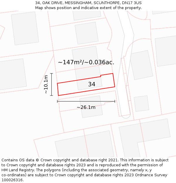34, OAK DRIVE, MESSINGHAM, SCUNTHORPE, DN17 3US: Plot and title map