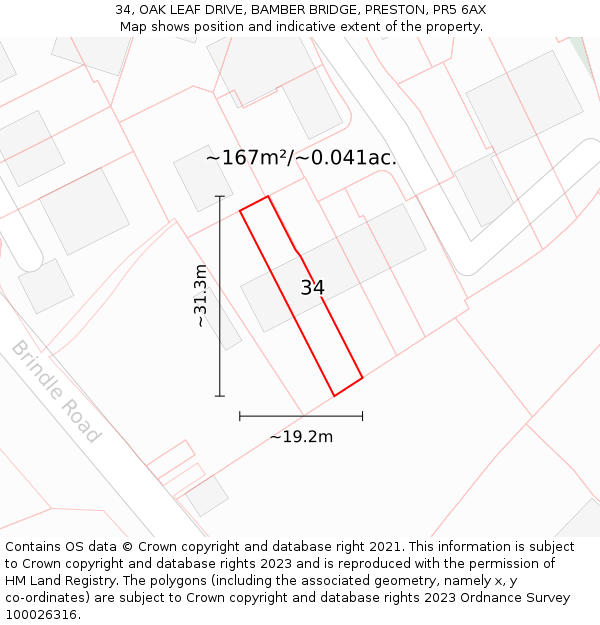 34, OAK LEAF DRIVE, BAMBER BRIDGE, PRESTON, PR5 6AX: Plot and title map