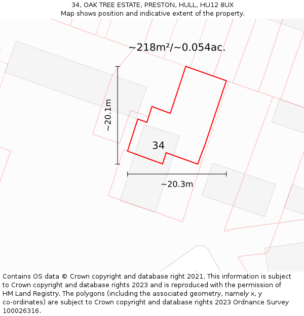 34, OAK TREE ESTATE, PRESTON, HULL, HU12 8UX: Plot and title map