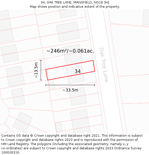 34, OAK TREE LANE, MANSFIELD, NG18 3HJ: Plot and title map