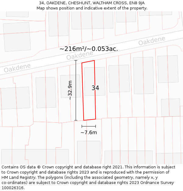 34, OAKDENE, CHESHUNT, WALTHAM CROSS, EN8 9JA: Plot and title map