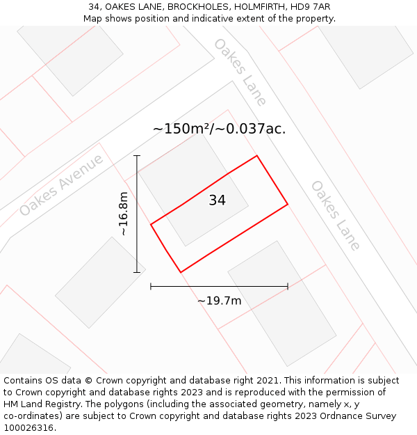 34, OAKES LANE, BROCKHOLES, HOLMFIRTH, HD9 7AR: Plot and title map