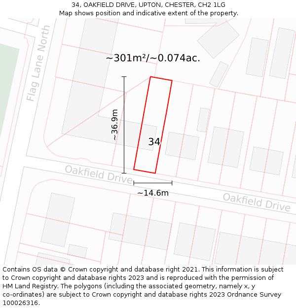 34, OAKFIELD DRIVE, UPTON, CHESTER, CH2 1LG: Plot and title map