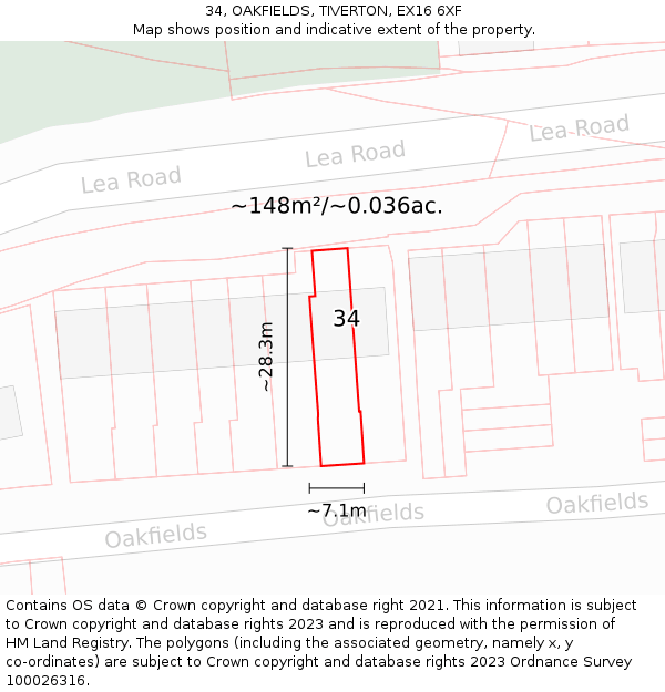 34, OAKFIELDS, TIVERTON, EX16 6XF: Plot and title map