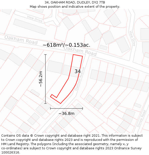 34, OAKHAM ROAD, DUDLEY, DY2 7TB: Plot and title map