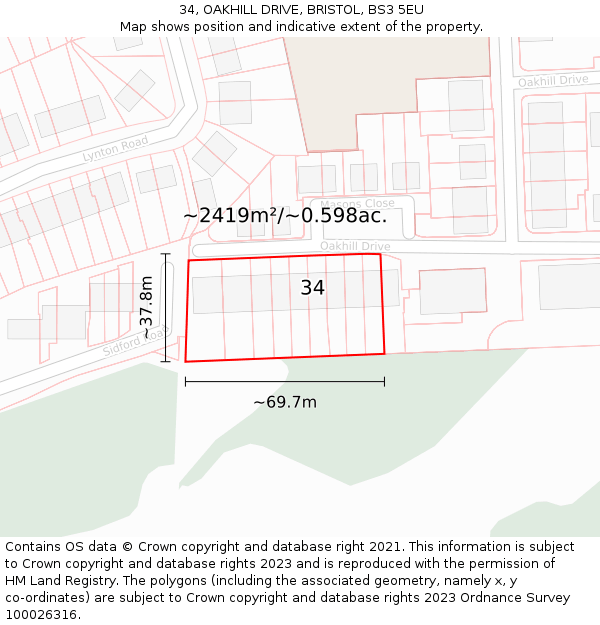 34, OAKHILL DRIVE, BRISTOL, BS3 5EU: Plot and title map