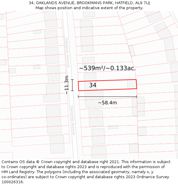 34, OAKLANDS AVENUE, BROOKMANS PARK, HATFIELD, AL9 7UJ: Plot and title map