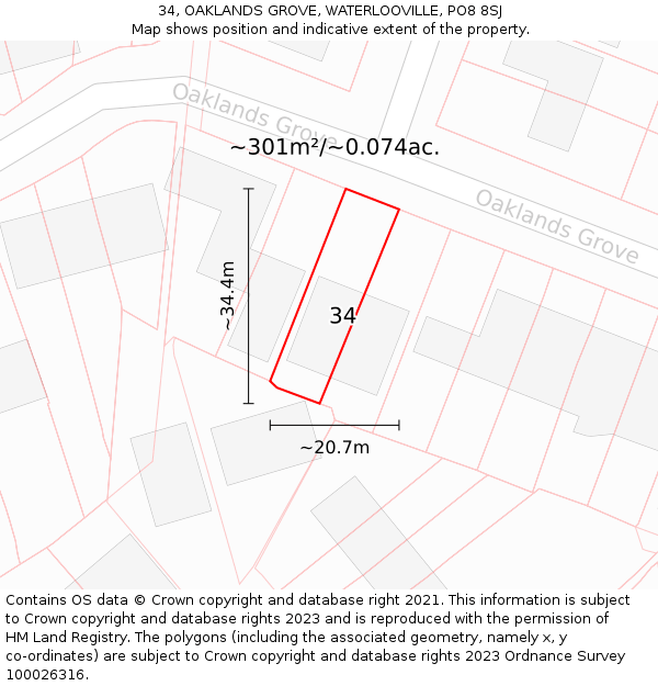 34, OAKLANDS GROVE, WATERLOOVILLE, PO8 8SJ: Plot and title map