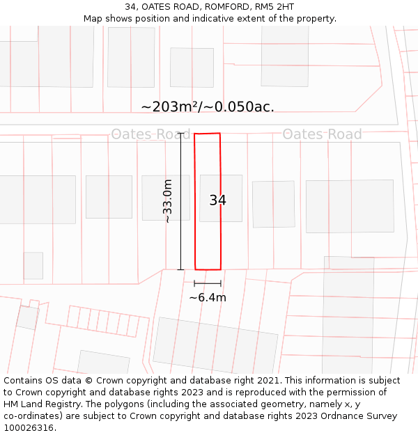 34, OATES ROAD, ROMFORD, RM5 2HT: Plot and title map