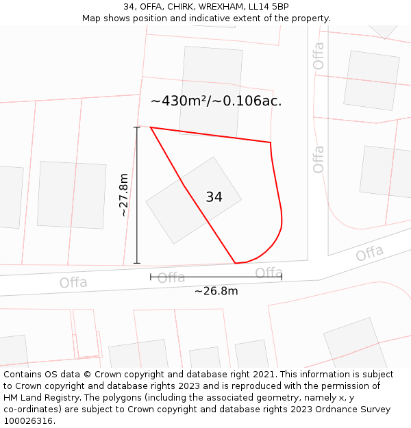 34, OFFA, CHIRK, WREXHAM, LL14 5BP: Plot and title map
