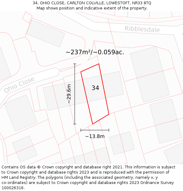 34, OHIO CLOSE, CARLTON COLVILLE, LOWESTOFT, NR33 8TQ: Plot and title map