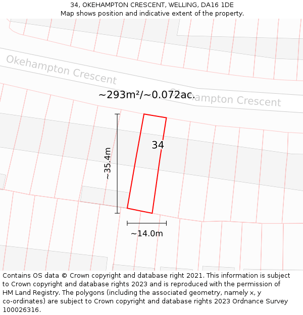 34, OKEHAMPTON CRESCENT, WELLING, DA16 1DE: Plot and title map