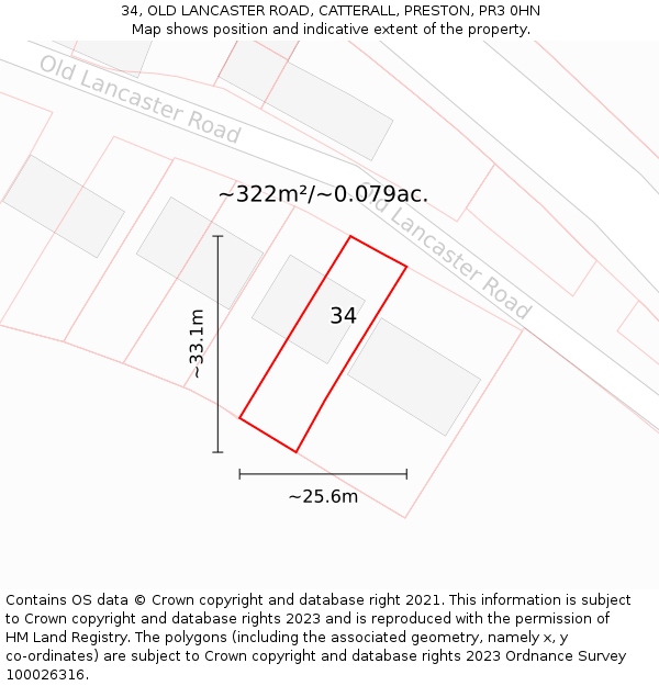 34, OLD LANCASTER ROAD, CATTERALL, PRESTON, PR3 0HN: Plot and title map