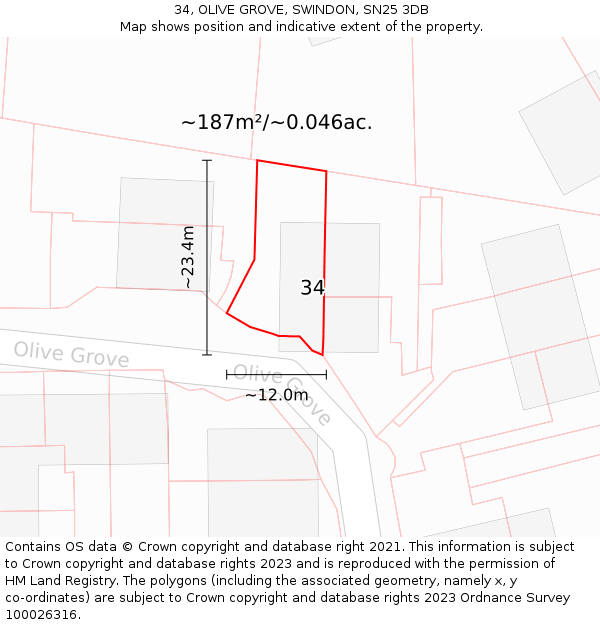 34, OLIVE GROVE, SWINDON, SN25 3DB: Plot and title map