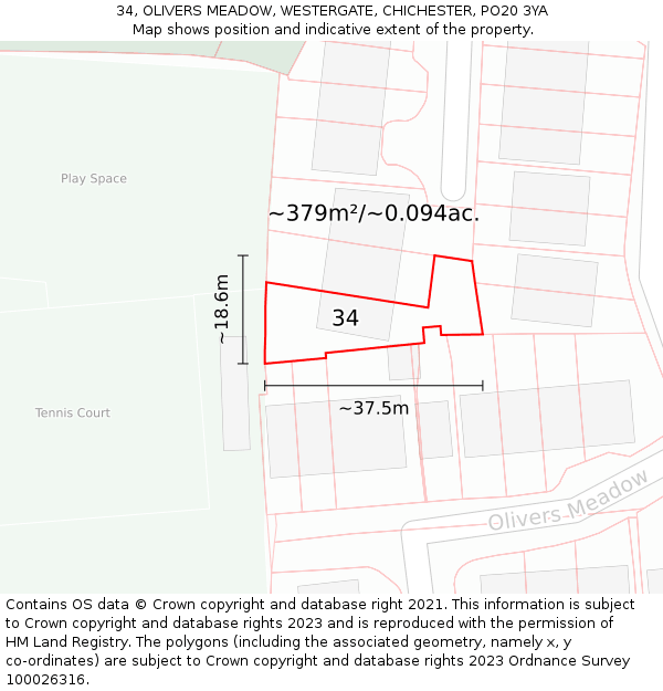 34, OLIVERS MEADOW, WESTERGATE, CHICHESTER, PO20 3YA: Plot and title map