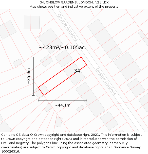 34, ONSLOW GARDENS, LONDON, N21 1DX: Plot and title map