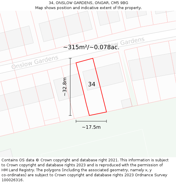 34, ONSLOW GARDENS, ONGAR, CM5 9BG: Plot and title map