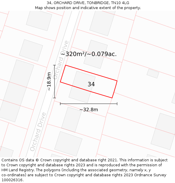 34, ORCHARD DRIVE, TONBRIDGE, TN10 4LG: Plot and title map