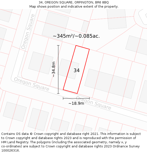 34, OREGON SQUARE, ORPINGTON, BR6 8BQ: Plot and title map
