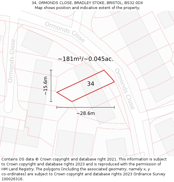 34, ORMONDS CLOSE, BRADLEY STOKE, BRISTOL, BS32 0DX: Plot and title map