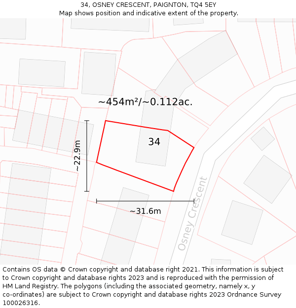 34, OSNEY CRESCENT, PAIGNTON, TQ4 5EY: Plot and title map