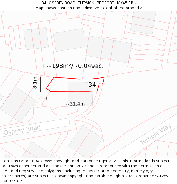 34, OSPREY ROAD, FLITWICK, BEDFORD, MK45 1RU: Plot and title map